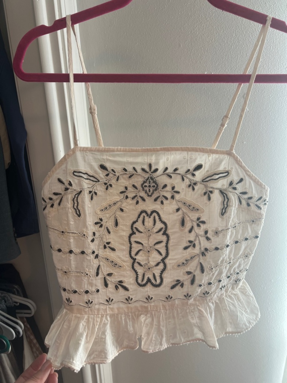 Embroidered Ivory Ruffle-Hem Camisole Top